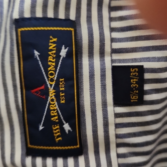 THE ARROW COMPANY 16/32-33 MEN'S DRESS SHIRT BUTTON DOWN WHITE/ BLUE STRIPES - Picture 6 of 8